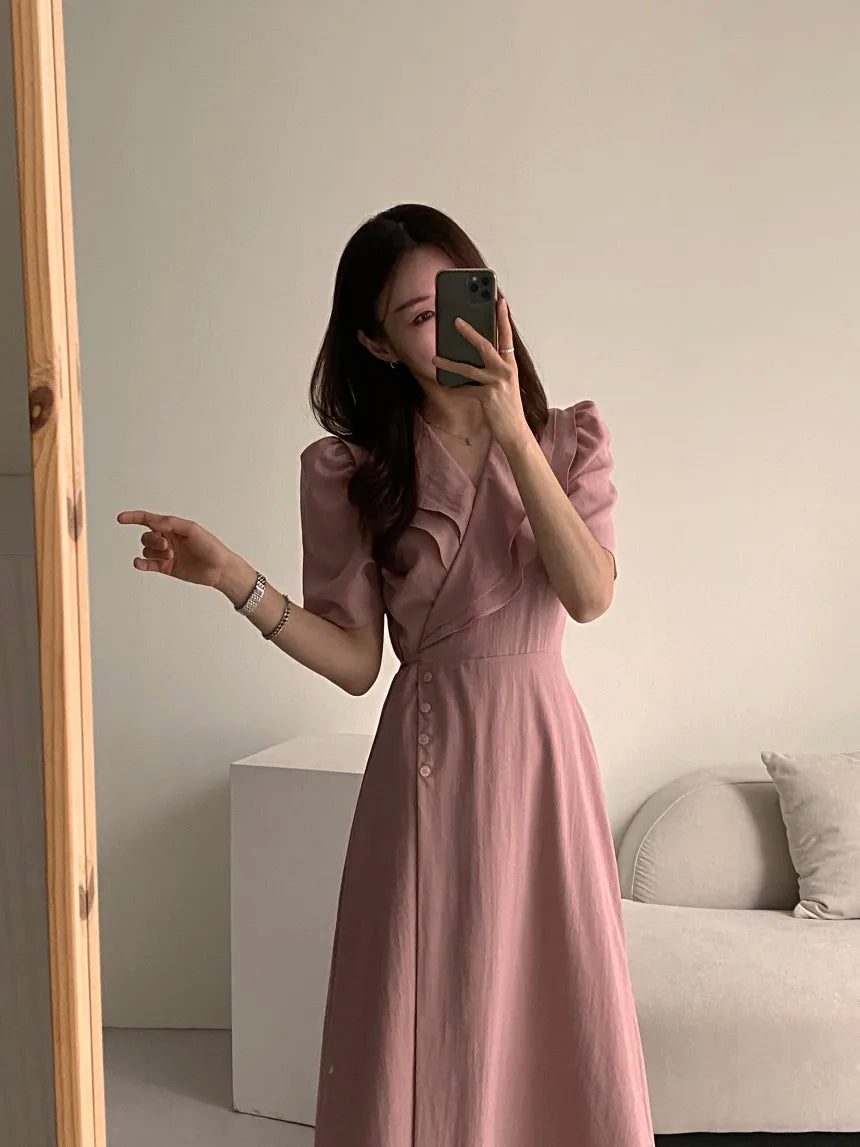 Retro Double Layered Collar Bubble Sleeve  Dress Elegant Short Sleeve V Neck Summer Casual Women's Dress