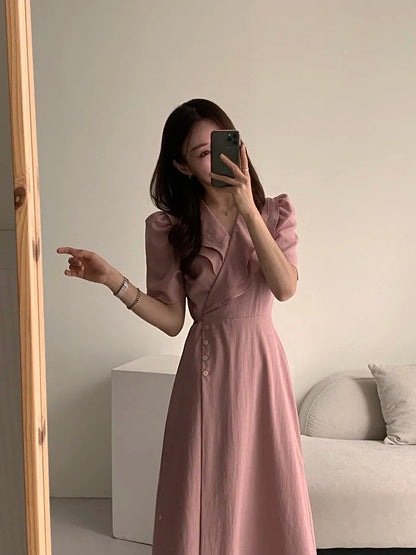 Retro Double Layered Collar Bubble Sleeve  Dress Elegant Short Sleeve V Neck Summer Casual Women's Dress