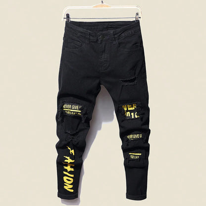 Men's Stretchy Ripped Denim Jeans Slim Fit Straight Trousers Elastic Waist Patchwork Holes Tearing Streetwear Casual Pants