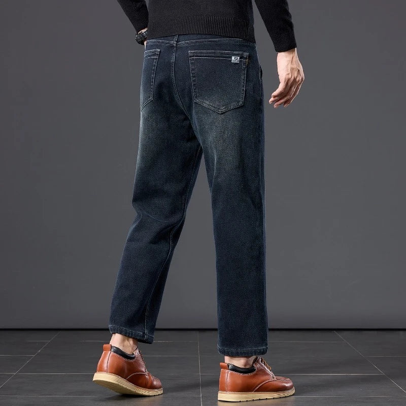 Winter Fleece Thickened Warm Men's Jeans Retro Blue Velvet Straight Leg Length Nine-point Denim Trousers Lined Wool  Pants