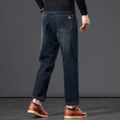 Winter Fleece Thickened Warm Men's Jeans Retro Blue Velvet Straight Leg Length Nine-point Denim Trousers Lined Wool  Pants