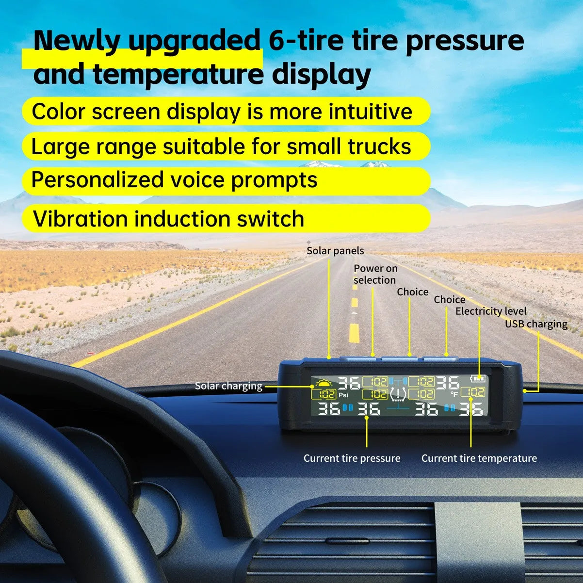 Solar Wireless TPMS Car Tire Tyre Pressure Monitor Monitoring System with 6 External Sensors