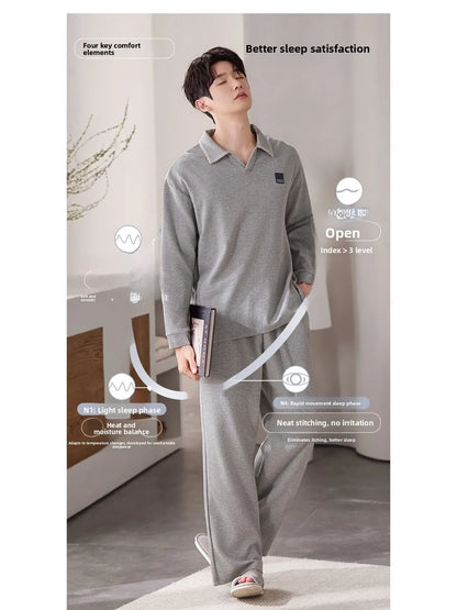 100% Pure Cotton Sleepwear Long Sleeve Collared Casual Home Clothes Set for Men Spring Autumn Seasonal Comfortable Leisure Ou...