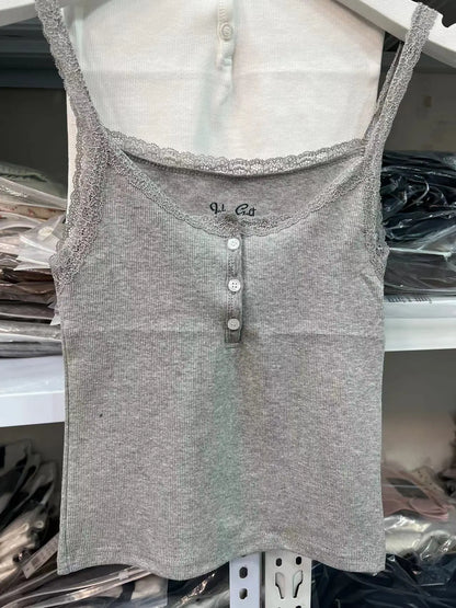 Lace Trim Buttons Solid Tank Top Women U Collar Sleeveless Cotton Slim Camis Sweet Chic Casual Preppy Style Vest Crop Tops Y2k