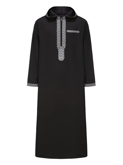 New Muslim men's long robe, Islamic hooded ethnic clothing, elegant retro MiddleEastern embroidery men's simple casual long robe