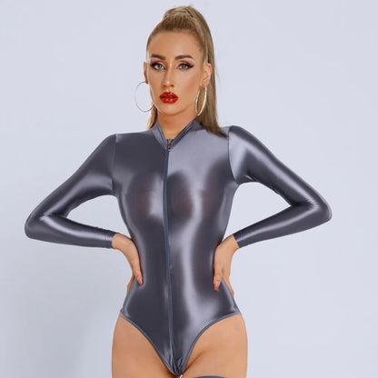 New Glossy Shiny Long Sleeve Swimsuit Zipper Crotch Bodysuit Tights Body Teddies Sukumizu High Elastic Leotard Unitard Tshirt