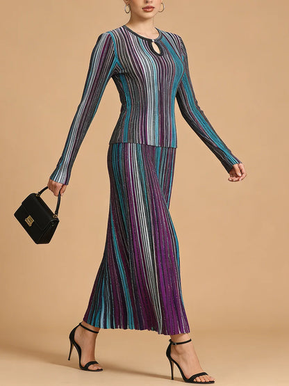 VGH Elegant Stylish Striped Knit Two Piece Set for Women Slimming Long Sleeve Pullovers Pleated Skirt Outfit for Cocktail Events