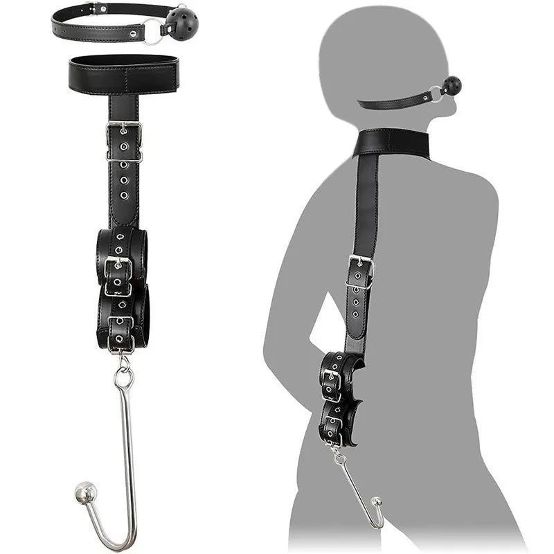 BDSM Guide of Adult Sex Products Backhand Mouth Plug Upper and Lower Handcuffs with Hooks Metal Anal Plug Leather Binding Toys