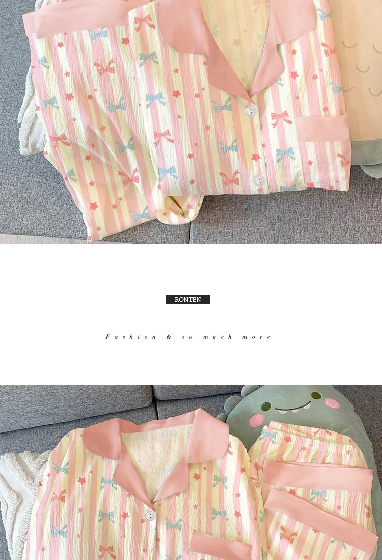 Girls Stripe Sleepwear Women's  Knot Star Long Sleeve Long Pants Korean Style Sweet Crepe Home Clothes Set