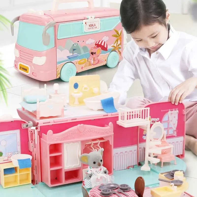 Dollhouse Koala Tour Bus Diary Girl Play House Toy Diy Bedroom Dresser Dining Kitchen Bathroom Shop Pretend Family Toys Girls