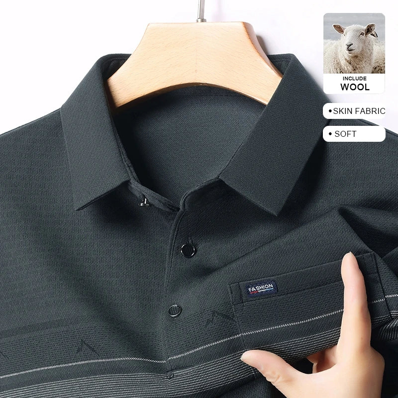 Luxury Wool Blend Fabric Men's Long Sleeve Polo Soft Touch For Father Years Classic Business Staple With Utility Focus