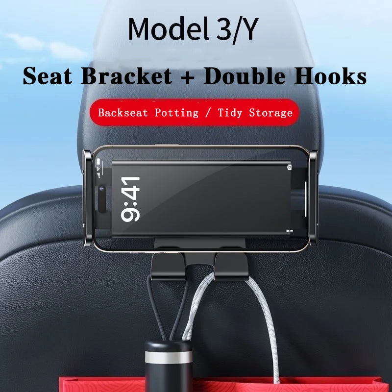 For Tesla Model 3/Y Back Seat Phone Holder with 2 hooks 360° Rotate Stand Auto Headrest Bracket Support For Tablet PC iPad Mini