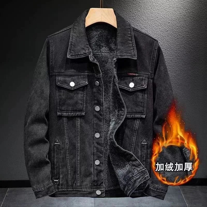 Men's Fashionable Thickened Fleece Lined Slim Fit Denim Jacket Autumn Winter Warm Stylish Workwear Top Quality Chinese Produc...