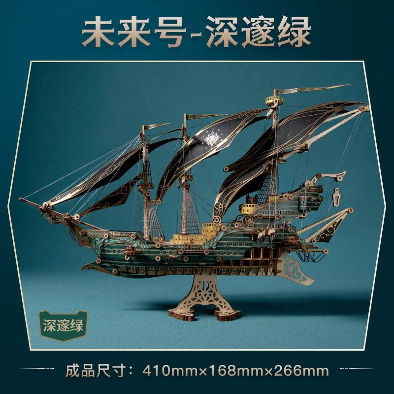 3D Wooden Puzzle Kits Steampunk Mysteries Pirate Ship of Future DIY Assembly Toy Wood Pirate Boat for Adults Kids Birthday Gift