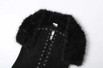 Sisterlinda Furry Patchwork Sexy Tank Top Women Y2K Halter Backless Shirring Sleeveless Stretch Coquette Midnight Party Clubwear