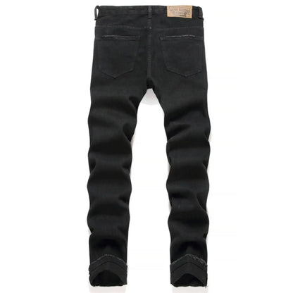 Punk Style Men's Slim Fit Straight Leg Denim Jeans Black Hole Patch Embroidery Non Stretch Fashion Urban Casual Cotton Polyes...