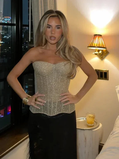 Women Sequins Silk Fishbone Slim Corset Sexy Strapless Backless Tank Fashion Short Tops 2026 New Spring Party Daily Outdoor Wear