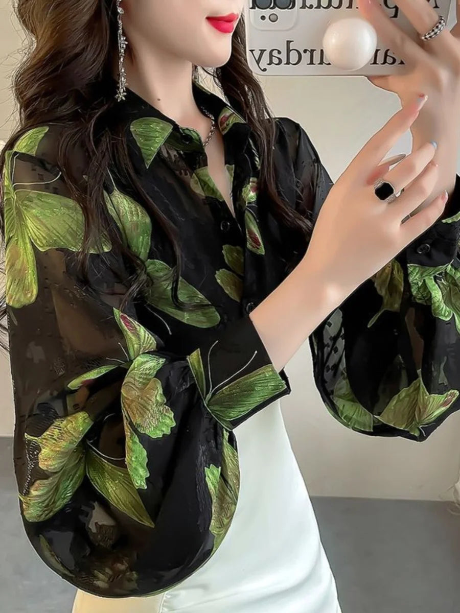 Elegant Ladylike  Print Loose Lantern Sleeve Chiffon Shirt  Collar Long Sleeve Regular Fit Commute Style Women's...