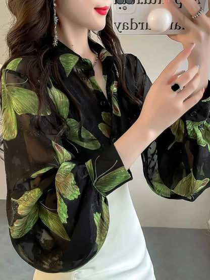 Elegant Ladylike  Print Loose Lantern Sleeve Chiffon Shirt  Collar Long Sleeve Regular Fit Commute Style Women's...