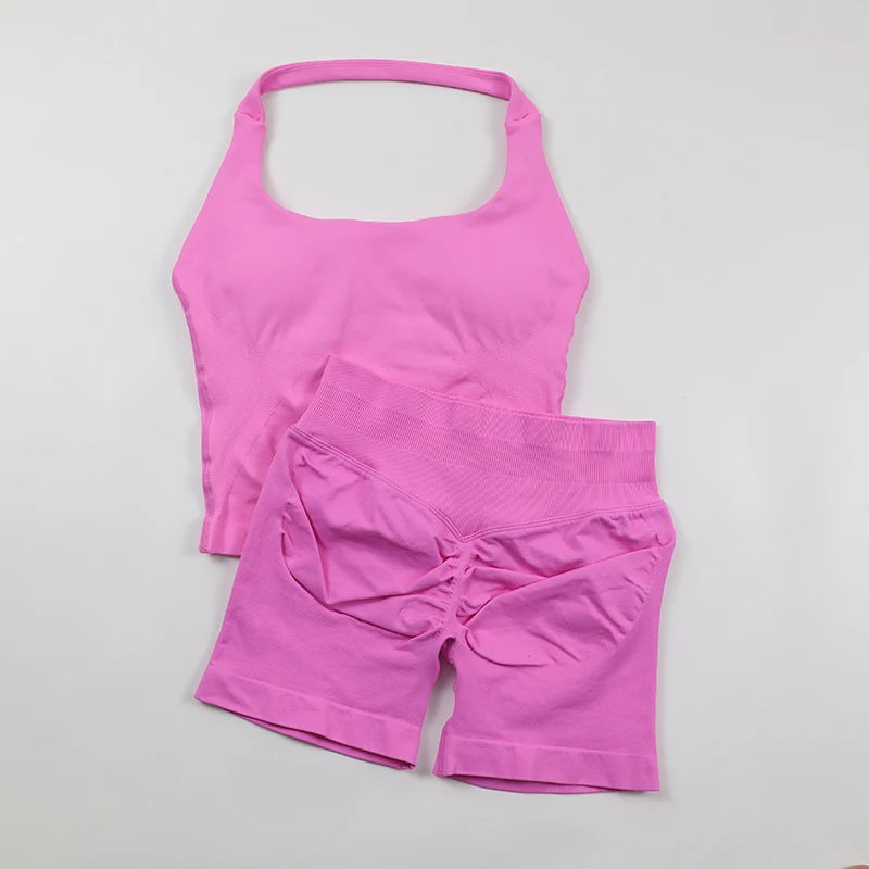 Women's Halter Neck Backless Yoga Set Seamless 2-Piece Outfit Ribbed High-Waist Scrunch Shorts Butt Lifting Gym Pilates Fitness