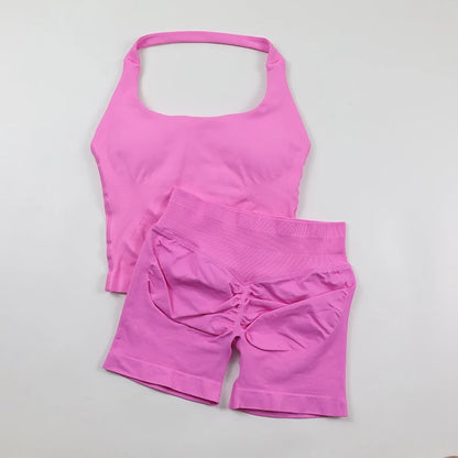 Women's Halter Neck Backless Yoga Set Seamless 2-Piece Outfit Ribbed High-Waist Scrunch Shorts Butt Lifting Gym Pilates Fitness