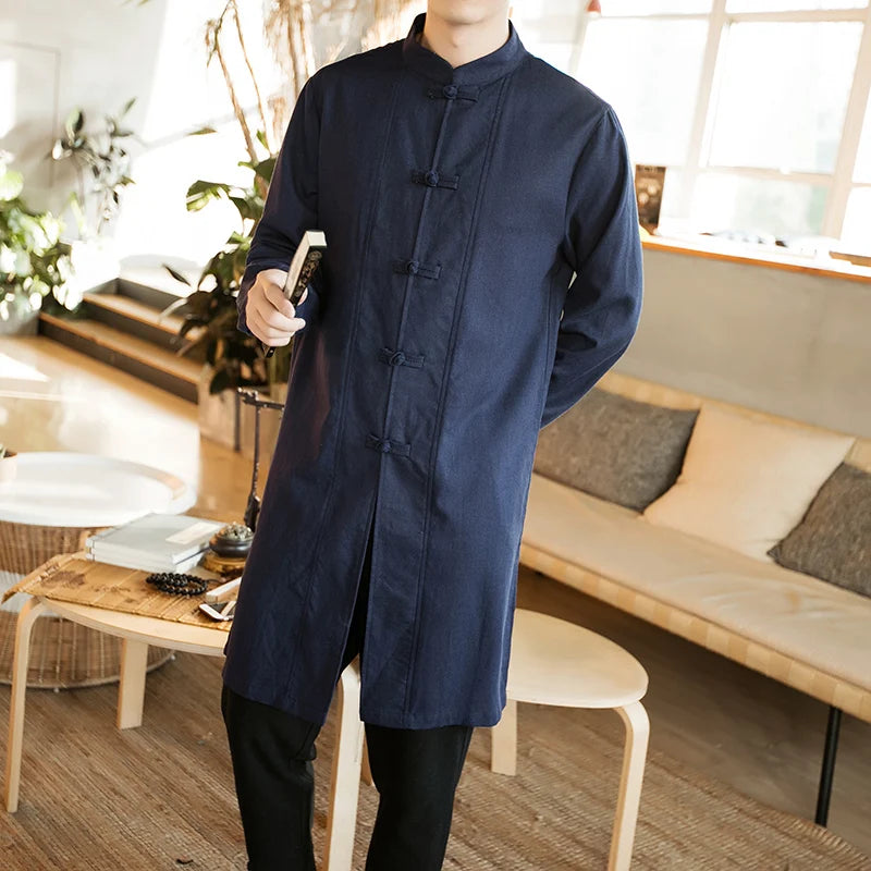 Autumn Cotton Linen Stand Collar Traditional Chinese Men's irt Middle Length Button Decorated Casual Wear Youth Tang Suit