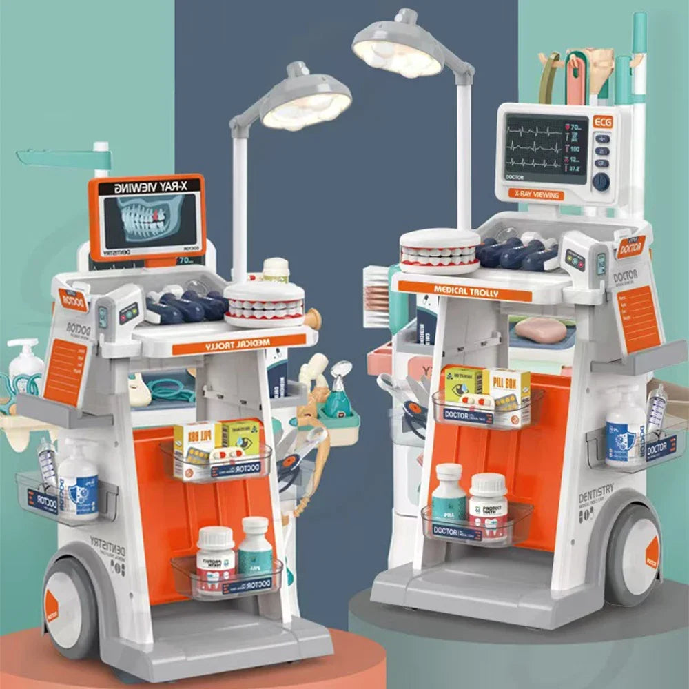 Hospital Play Medical Equipment Table Fillings Injection Stethoscope Medical Trolley Home Doctor Dentist Toys for Kids Xmas Gift