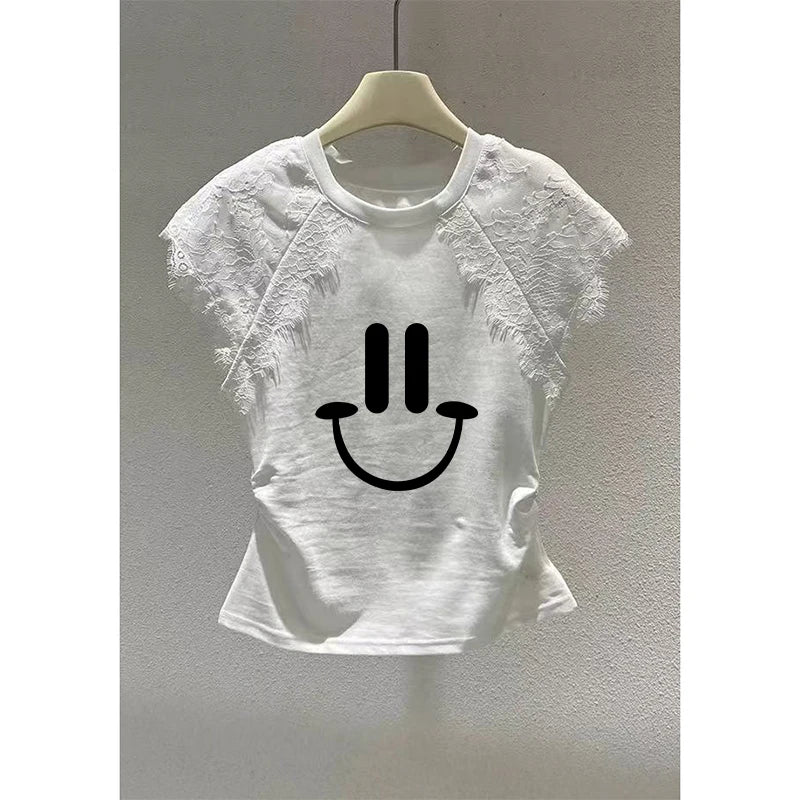 Retro Black Lace Mesh Short Sleeve Top Women Summer Fly Sleeve Short T-Shirt Outlet Store Printed Slim Fit Cotton Polyester