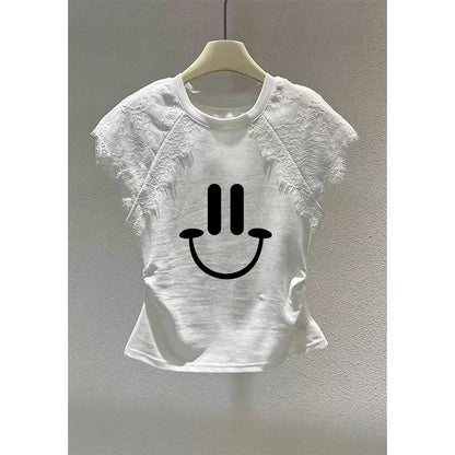 Retro Black Lace Mesh Short Sleeve Top Women Summer Fly Sleeve Short T-Shirt Outlet Store Printed Slim Fit Cotton Polyester
