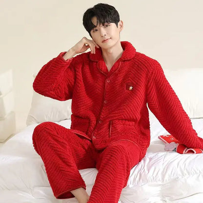 Men's Winter Sleepwear Coral Fleece Thickened Flannel Casual Long Sleeve Pajamas Large Size Home Clothes Chinese Style