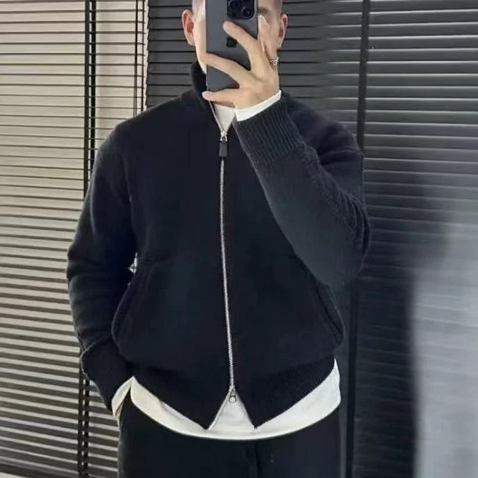 Autumn Winter New Double Zipper Stand Collar Thickened Knitted Jacket Men's High Fashion Soft Warm Sweater Casual Style Long ...