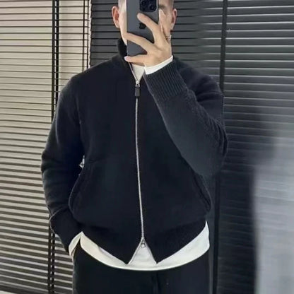 Autumn Winter New Double Zipper Stand Collar Thickened Knitted Jacket Men's High Fashion Soft Warm Sweater Casual Style Long ...