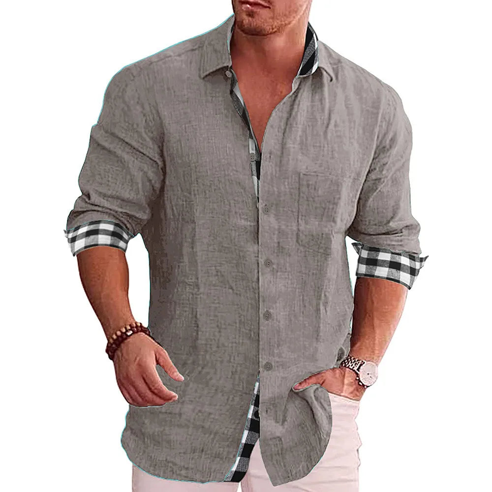 Men's Casual Long Sleeve Cotton Linen Shirt with Checkered Cuff and Pocket Design - Comfortable, Breathable, Plus Size Available