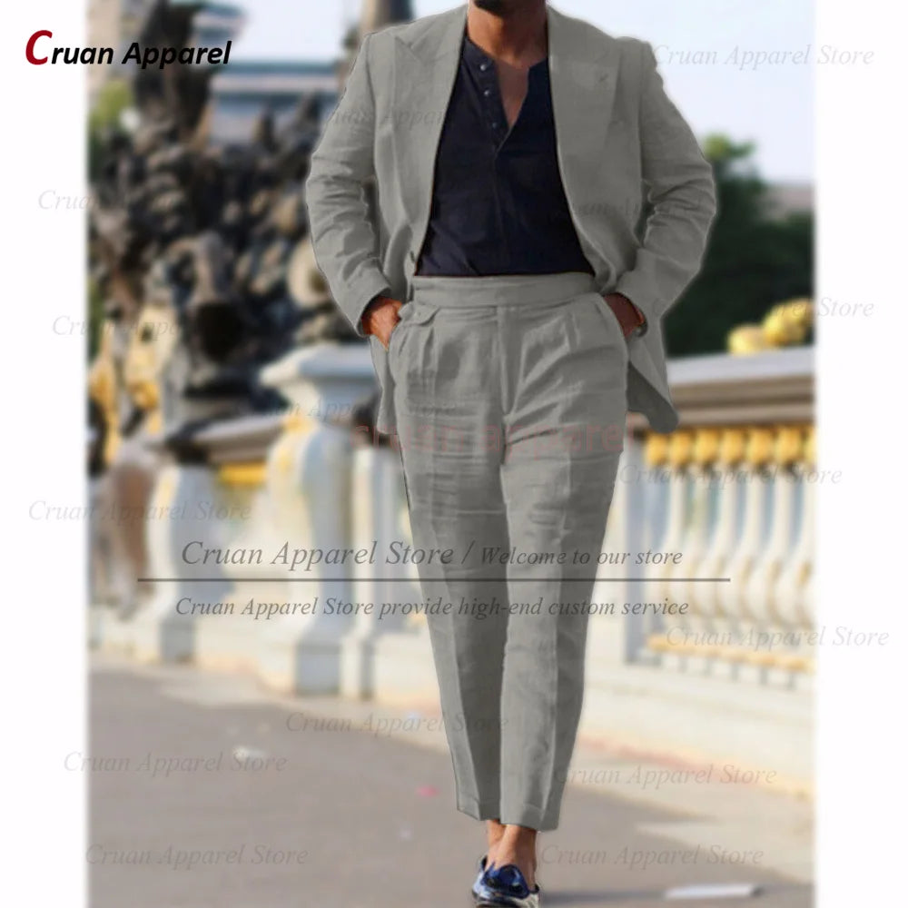 Classic Summer Linen Suit Sets For Men Smart Casual Blazer And Pants 2 Pieces Formal Evening  Fashion Slim Fit Suit Attire