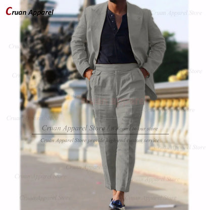 Classic Summer Linen Suit Sets For Men Smart Casual Blazer And Pants 2 Pieces Formal Evening  Fashion Slim Fit Suit Attire