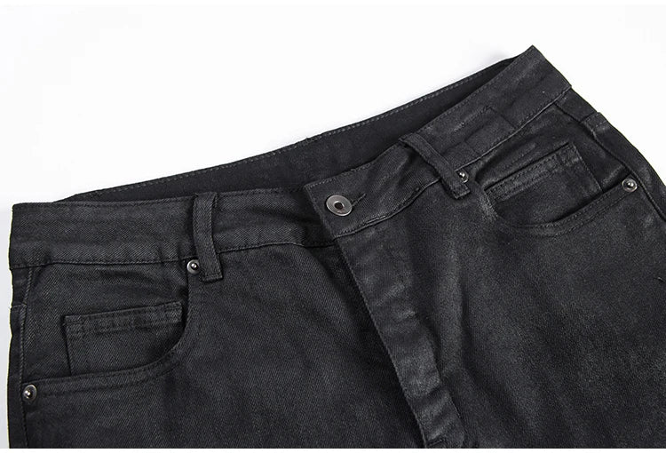 High Street Dark Ro Jeans Pants Classic Men's High Street Dark RO Wax Coating Process Slim Fit Basic Simple Long Denim Pants