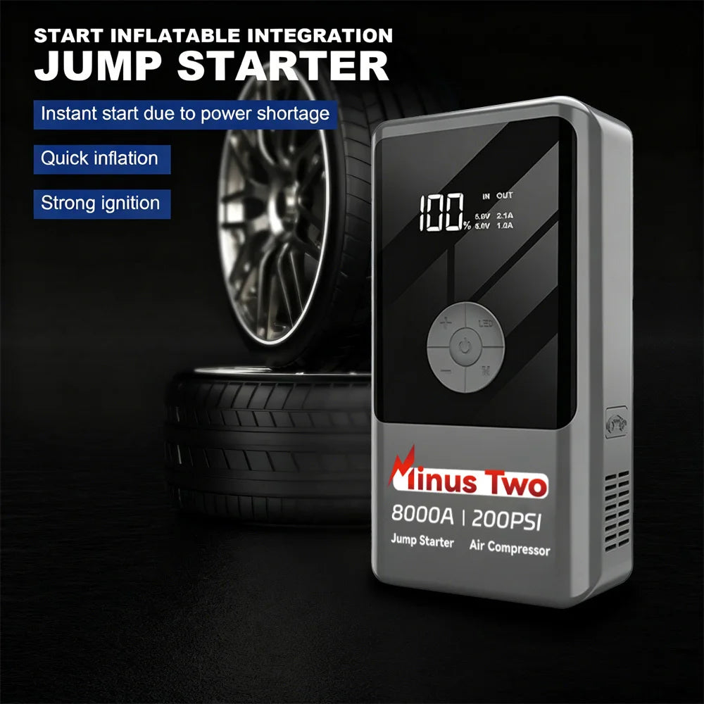 Latest Model High-Capacity Car Emergency Jump Starter with Built-in Tire Inflator, Portable Wireless Electric Air Pump