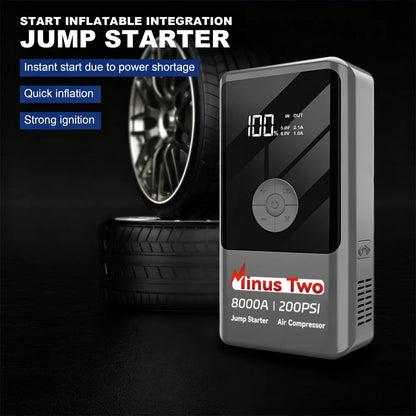 Latest Model High-Capacity Car Emergency Jump Starter with Built-in Tire Inflator, Portable Wireless Electric Air Pump