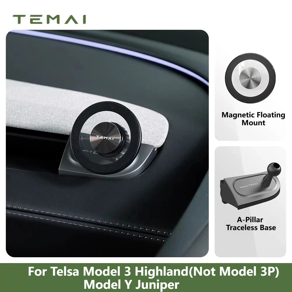 TEMAI A-Pillar Traceless Magnetic Floating Mount for Tesla Model 3 Highland Model Y/YL Juniper, Stylish Phone Mount