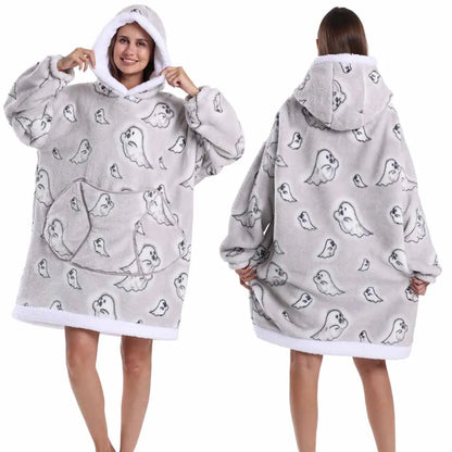 Women Hoodies Fluffy Warm Black Grey Long Sleeve Top Halloween Pumpkin Skull Ghost Hoodie Blanket Oversized Adult Winter Clothes