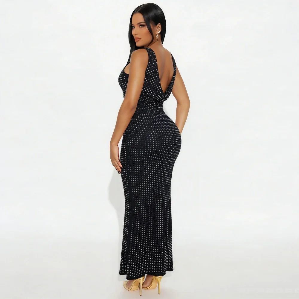 RLMABABY Sexy Swinging Collar Diamond Women Club Bodycon Dress Sleeveless Backless Evening Party Long Prom Dress