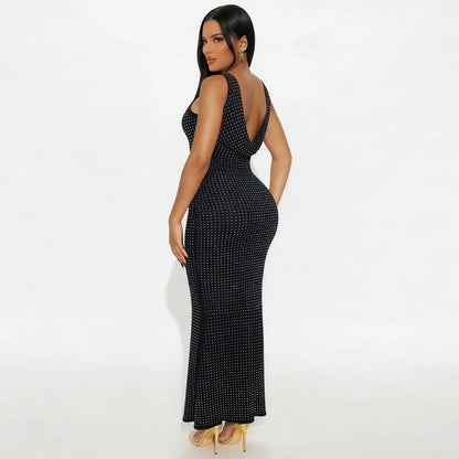 RLMABABY Sexy Swinging Collar Diamond Women Club Bodycon Dress Sleeveless Backless Evening Party Long Prom Dress