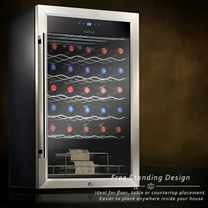 Home office wine cooler: stainless steel, black, 34-bottle capacity, single-zone with adjustable 41F64F temperature control and