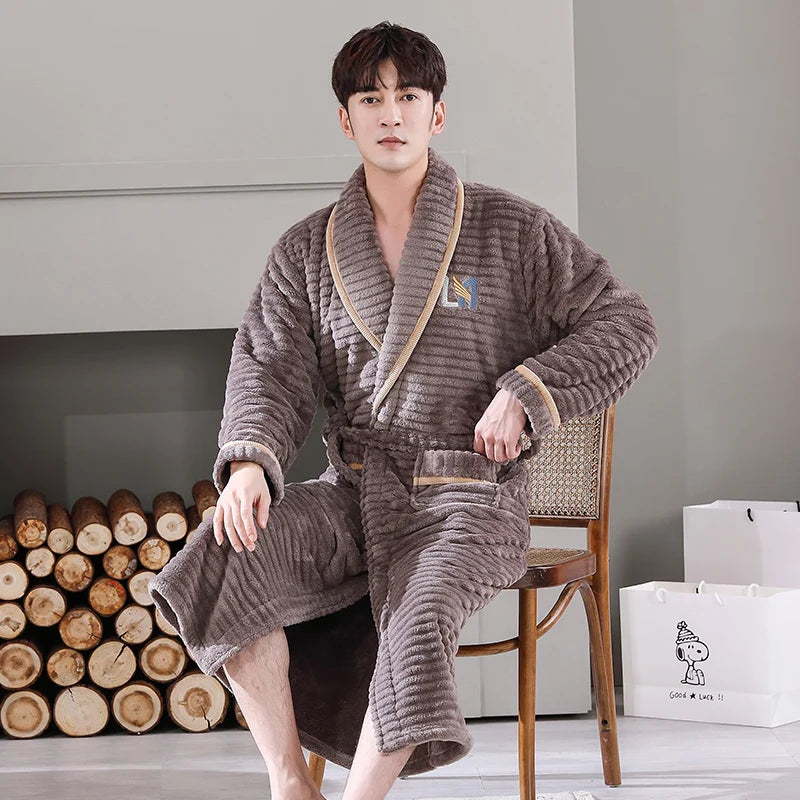 Men Sleepwear Robe Winter Flannel Thicken Terry Robe Male Long Sleeve Kimono Warm Bathrobe Home Wear Peignoir Men Robe