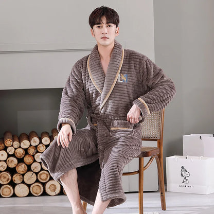 Men Sleepwear Robe Winter Flannel Thicken Terry Robe Male Long Sleeve Kimono Warm Bathrobe Home Wear Peignoir Men Robe