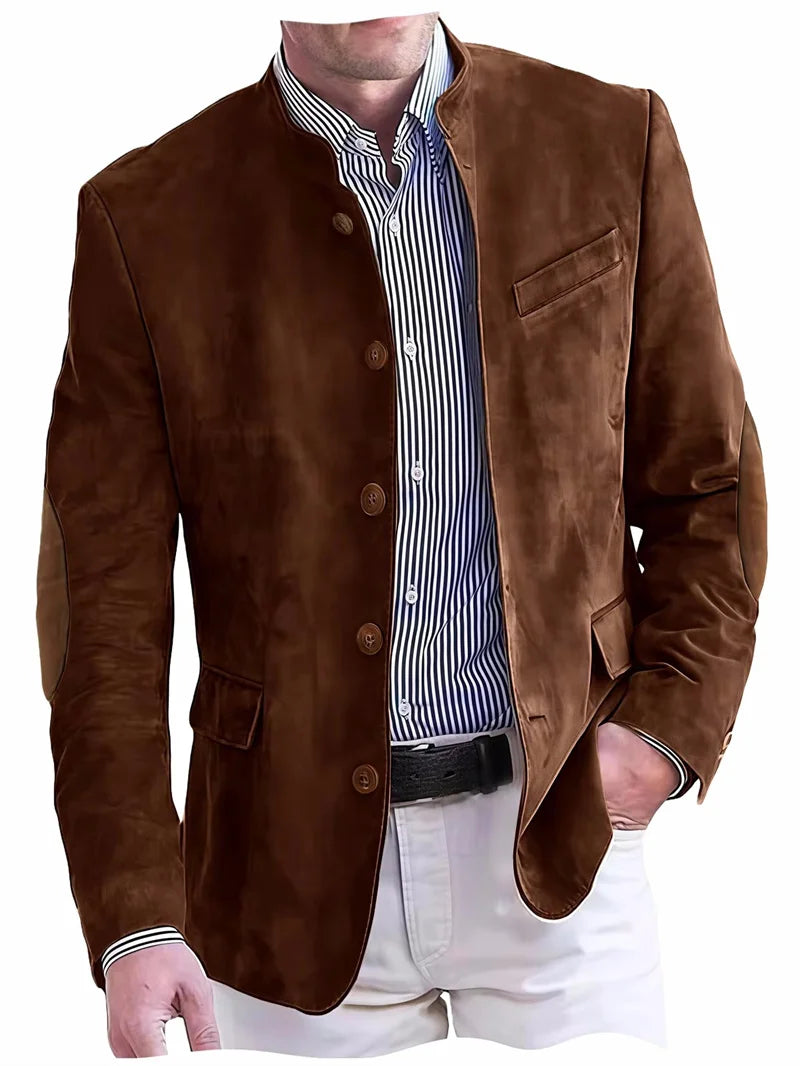 Men's Casual Blazer Flannel Suit Jacket With Elbow Patches Band Collar Brown Button Daily  Casual Slim Fit Customized Business