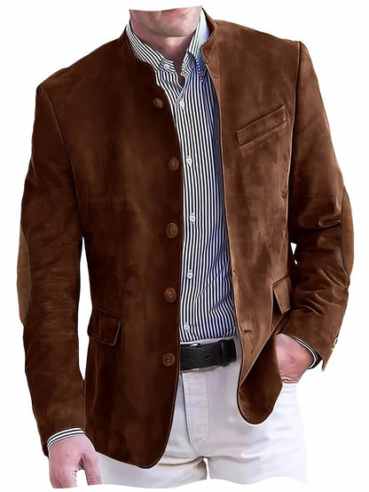 Men's Casual Blazer Flannel Suit Jacket With Elbow Patches Band Collar Brown Button Daily  Casual Slim Fit Customized Business