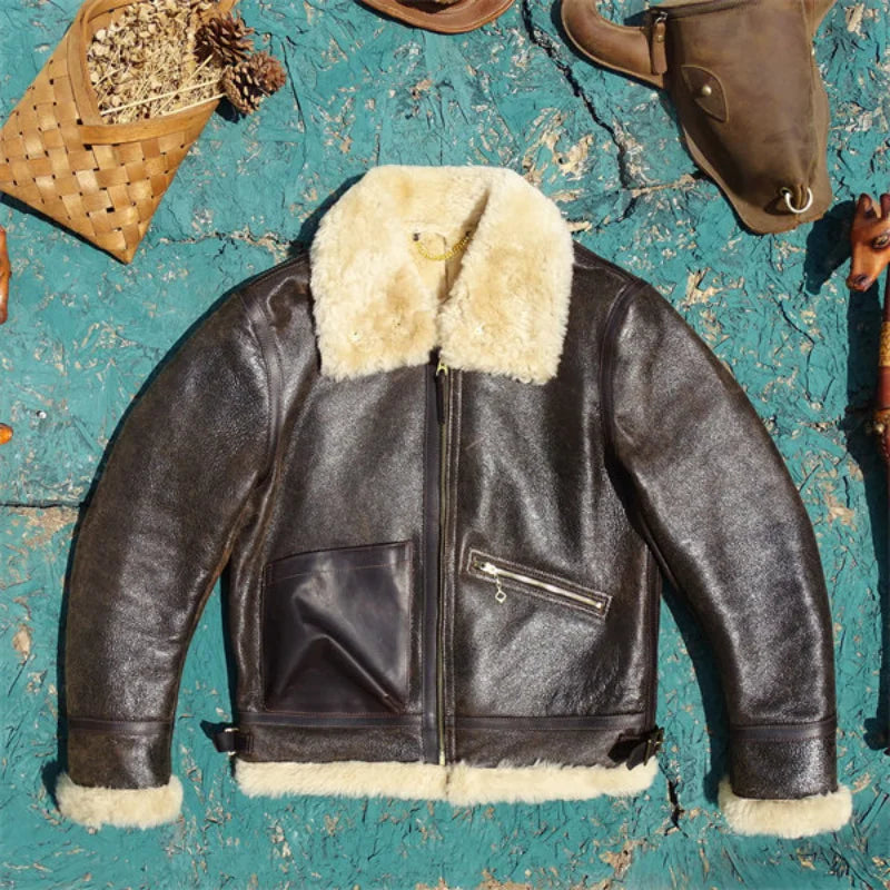 Turkish Authentic Sheepskin Leather Jacket Vintage Cracked Texture Winter Warmth And Style Ideal Choice