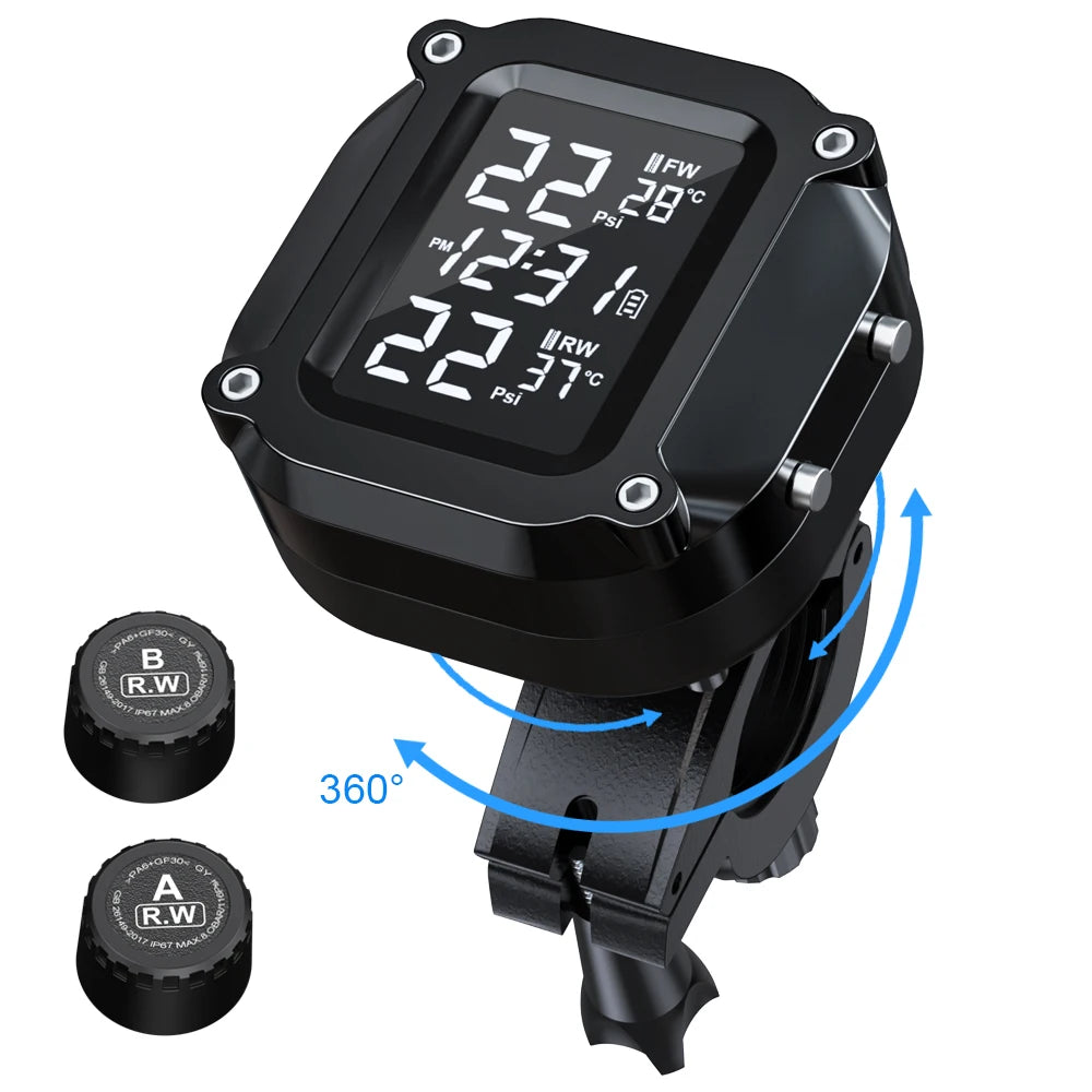 Powstation TPMS Wireless Motorcycle Tire Pressure Monitoring System Solar Charge Tyre Temperature Alarm System Colorful Display