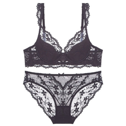 New Women Lace Flowers Embroidery Lingerie Set Sexy Hollow Thin Cup Push Up Bra Summer Comfort Underwear Adjustable Strap Bras
